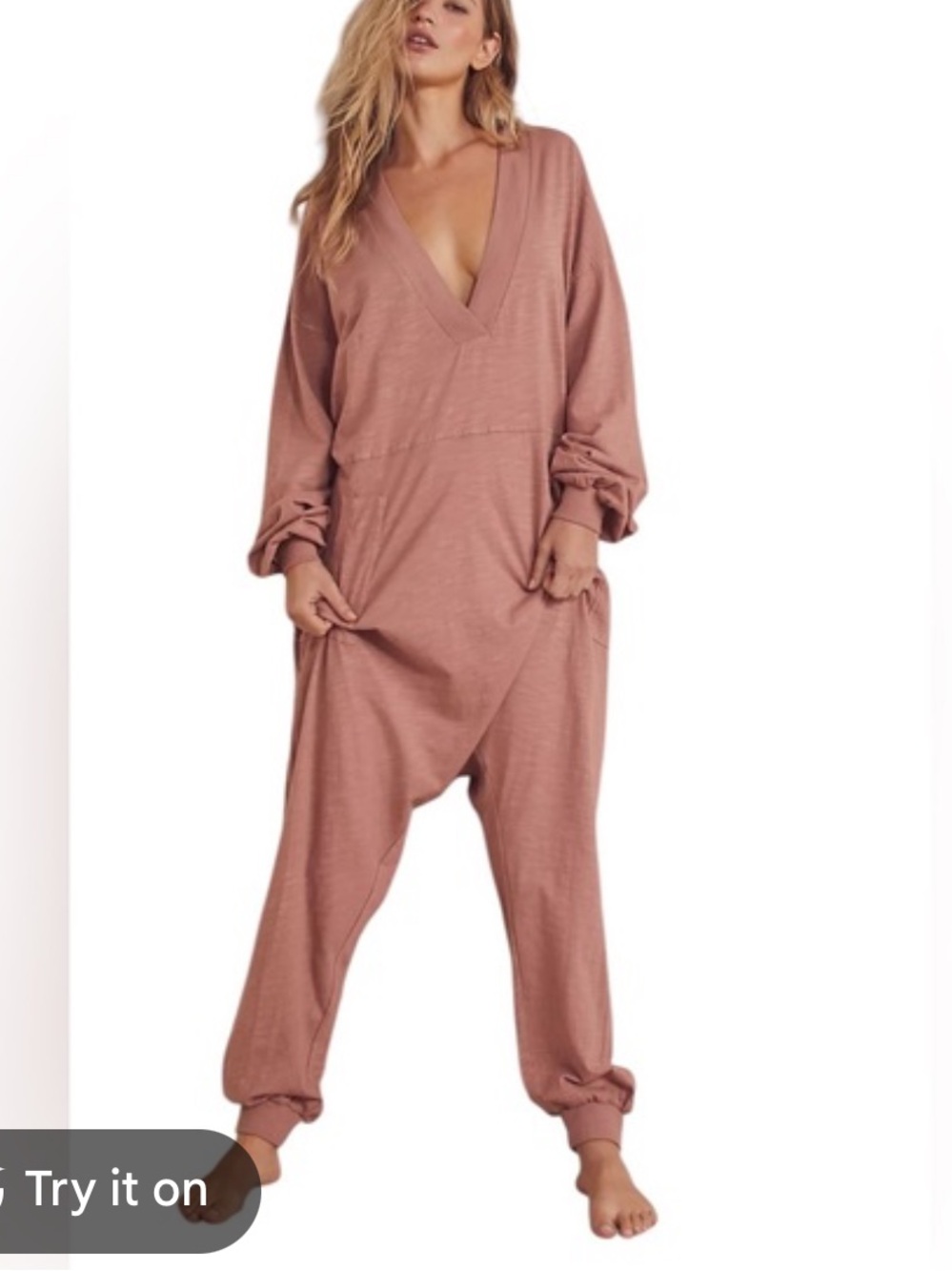 Free People Women's Just Beautiful V-Neck Rose Dust Lounge Jumpsuit size M
